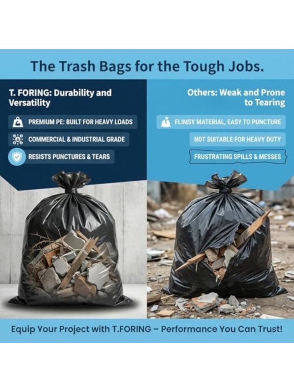 Heavy Duty 55-60 Gallon Trash Bags, 2.1 Mil Thickness, 100 Count, Extra Strong - Picture 3 of 6